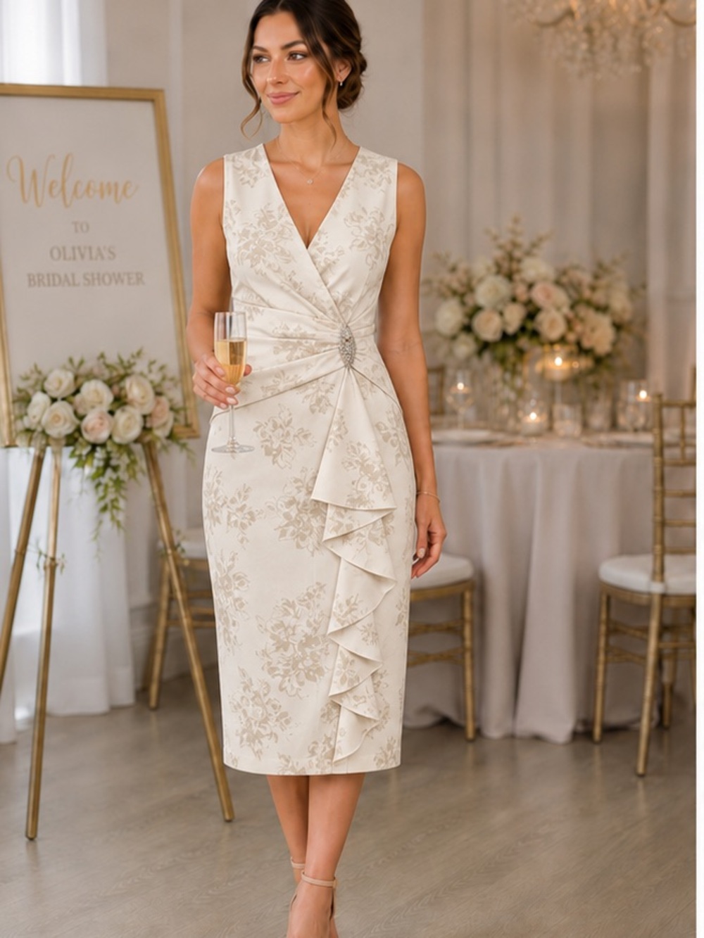 Jessica Howard Ivory Floral Midi Sheath Dress with Ruffle Accent